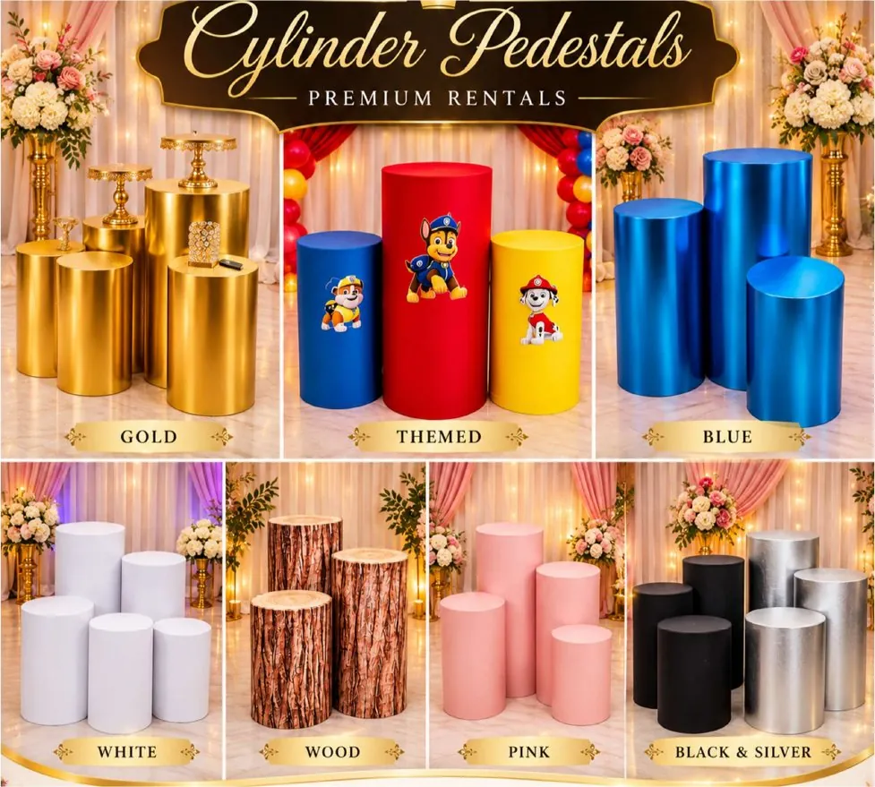 Cylinder pedestal sets in gold, themed, blue, white, wood, pink and black and silver
