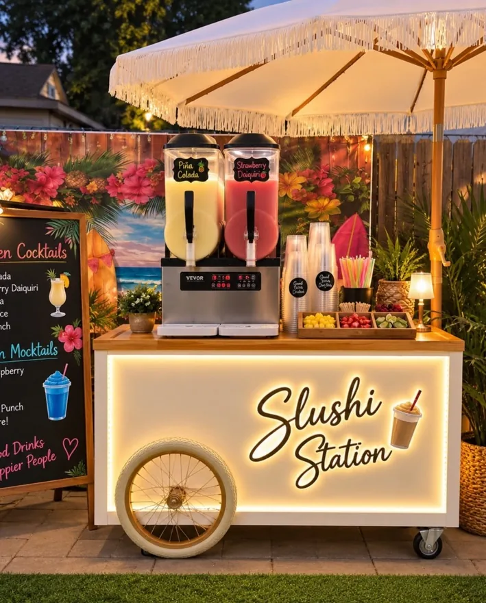 Double slushy machine on a lit cart with cups and toppings