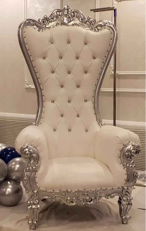 Silver throne chair with ivory tufted seat